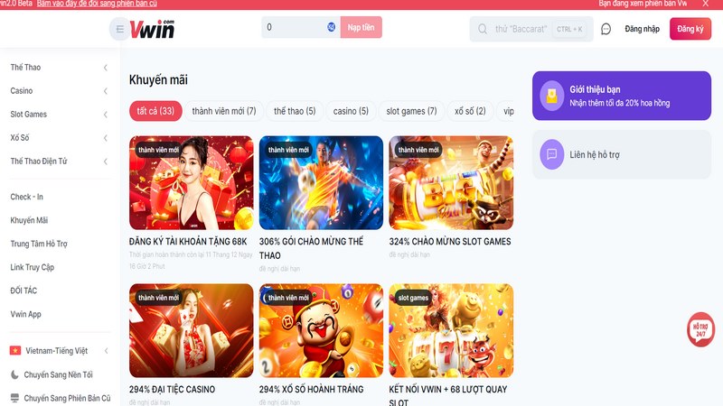 Khuyến mãi Vwin - Cập nhật sự kiện hot đang triển khai 1 Khuyến Mãi Chào Mừng Ở Các Sảnh Thể Thao, Xổ Số, Casino, Slot Game