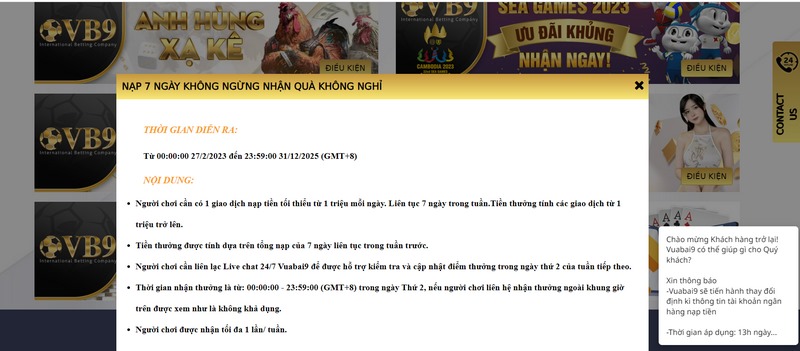 Cập nhật các chương trình khuyến mãi Vuabai9 mới nhất 2 Nạp Tiền 7 Ngày Nhận Về Ưu Đãi Không Giới Hạn Ăn Đậm
