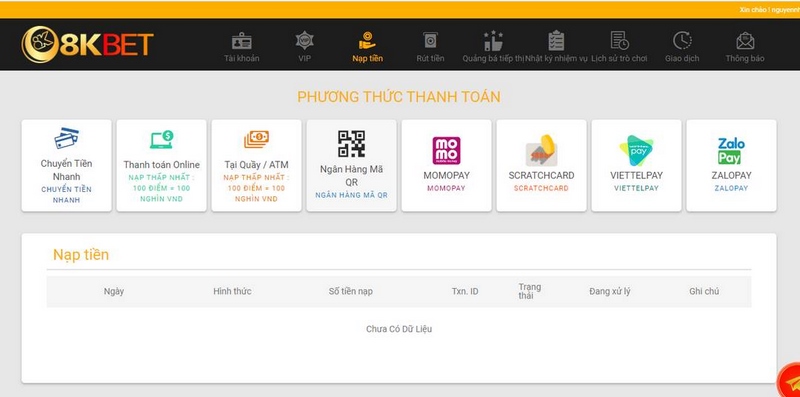 Chia sẻ cách nạp tiền 8KBet nhanh chóng cho người chơi mới 1 Phương Thức Thanh Toán Tại Nhà Cái 8Kbet Rất Đa Dạng